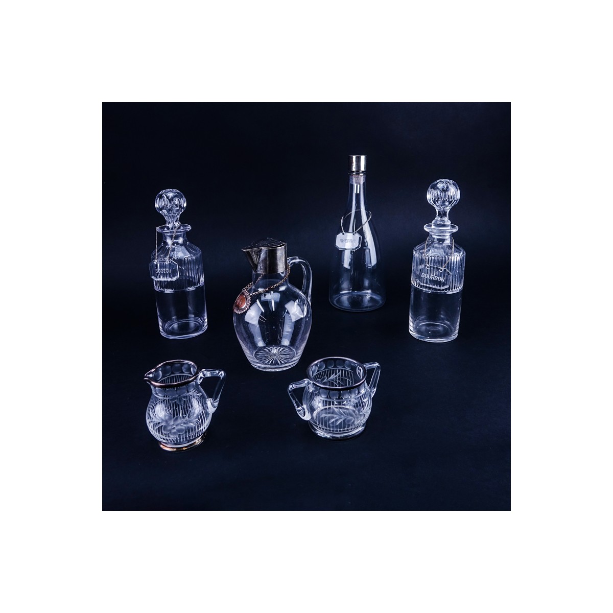 Grouping of Six (6) Vintage Tableware. Includes: Two crystal decanters/cruet bottles, glass pitcher
