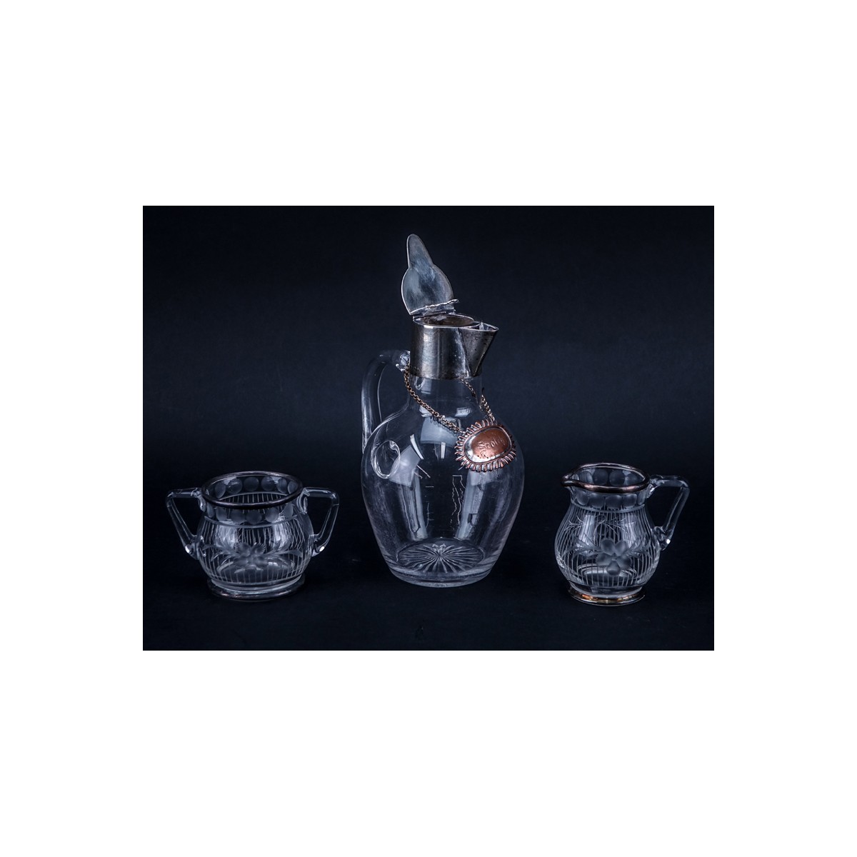 Grouping of Six (6) Vintage Tableware. Includes: Two crystal decanters/cruet bottles, glass pitcher