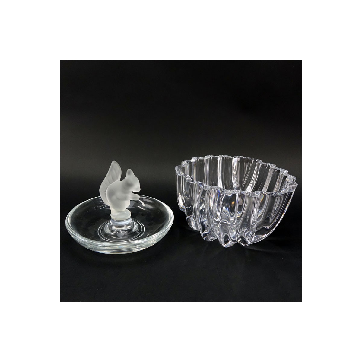 Grouping of Two (2): Orrefors Crystal Bowl, Sevres Crystal and Frosted Crystal Squirrel Candy Dish.