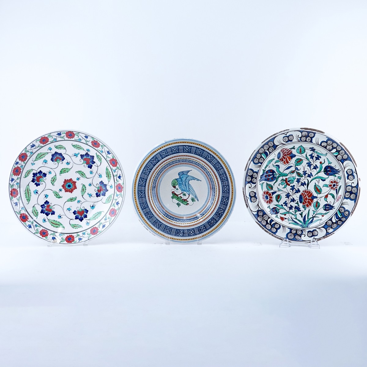 Grouping of Three (3) Vintage Faience Pottery Chargers. Two are signed, originating from Turkey and