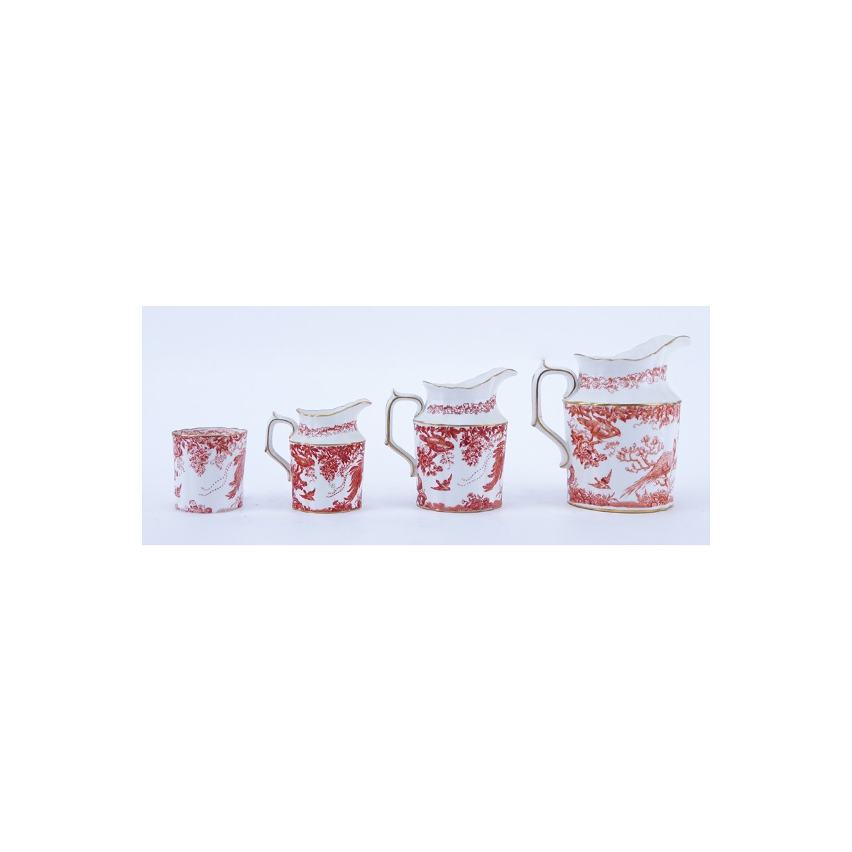 Four (4) Pieces Royal Crown Derby Red Aves Porcelain Tableware. Includes: large pitcher 5-1/2", med