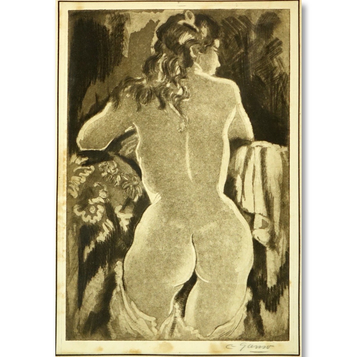 20th Century Etching "Nude". Signed in pencil lower right. Toning and foxing. Measures 11-3/4" x 7-
