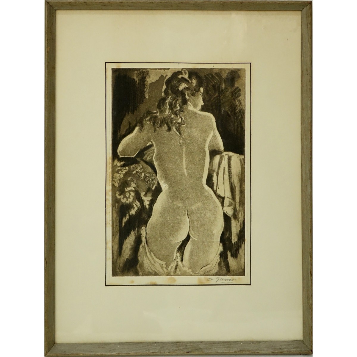 20th Century Etching "Nude". Signed in pencil lower right. Toning and foxing. Measures 11-3/4" x 7-