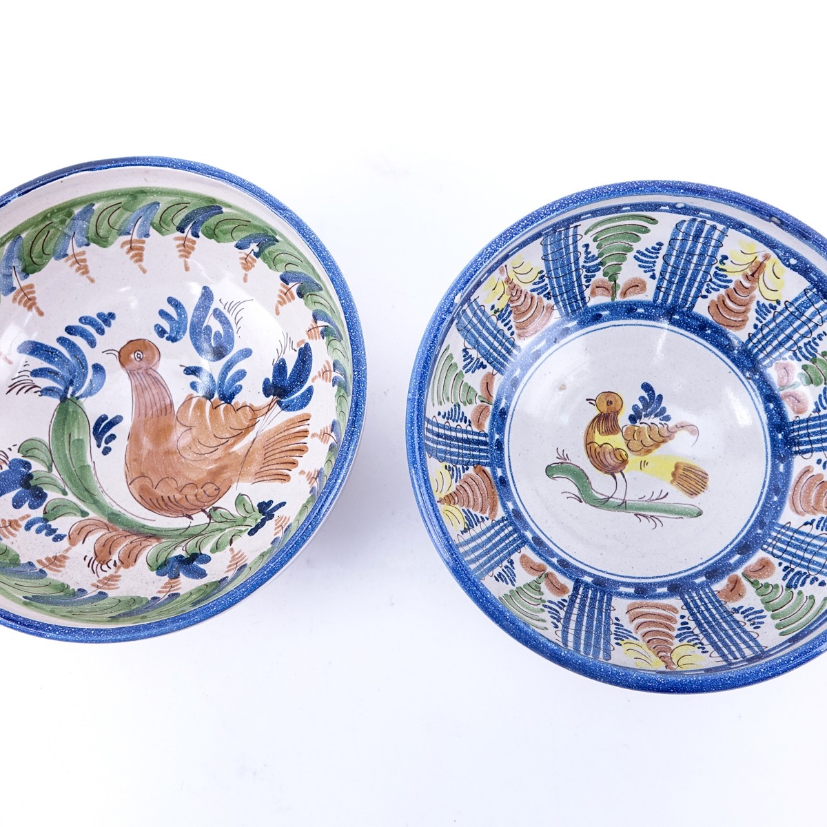 Two (2) Decorative Spanish Style Bird Motif Pottery Bowls. Unsigned. One with small flake or in goo