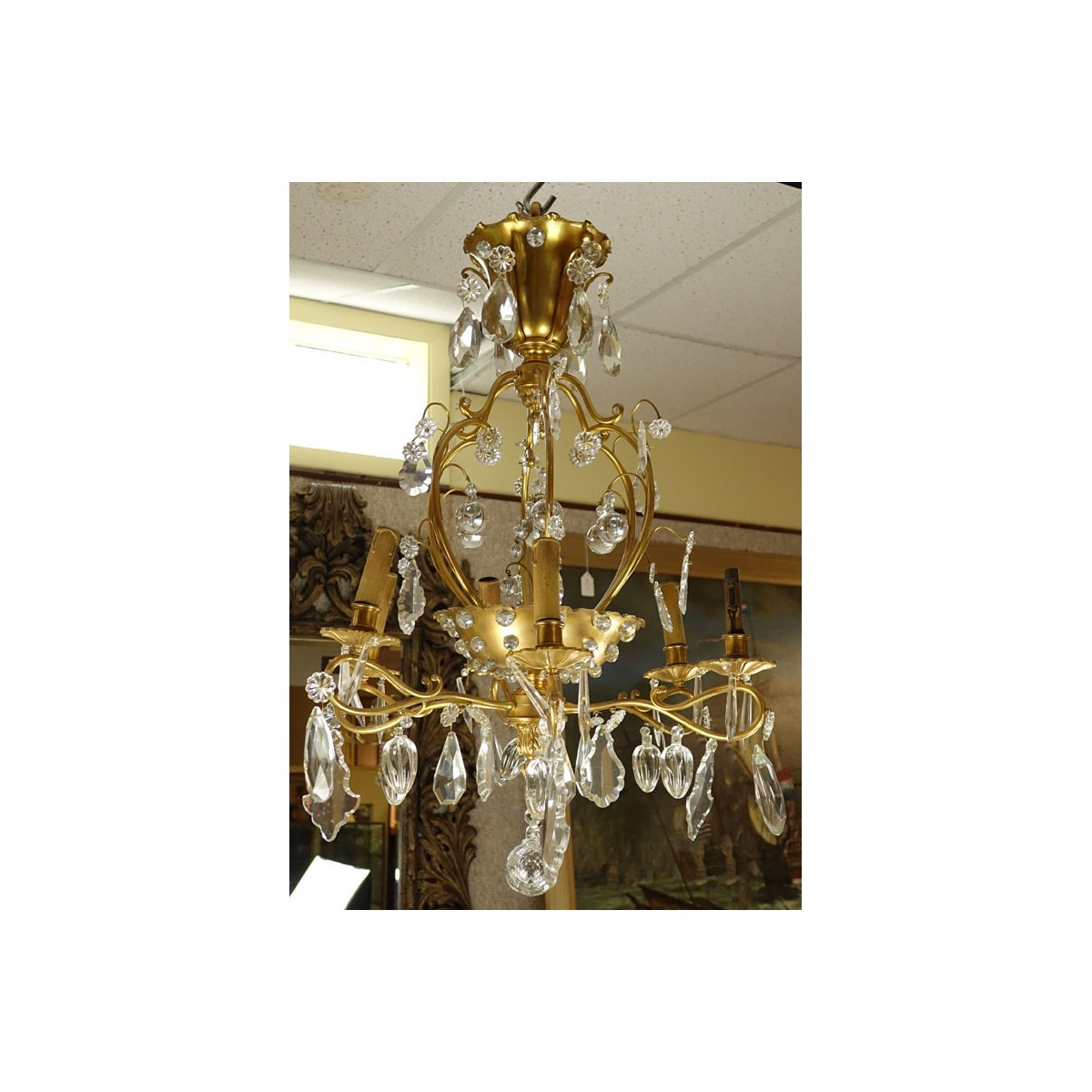 Late 19th/Early 20th Century Rococo Style Gilt Bronze and Crystal 6-Arm Chandelier. Decorated with