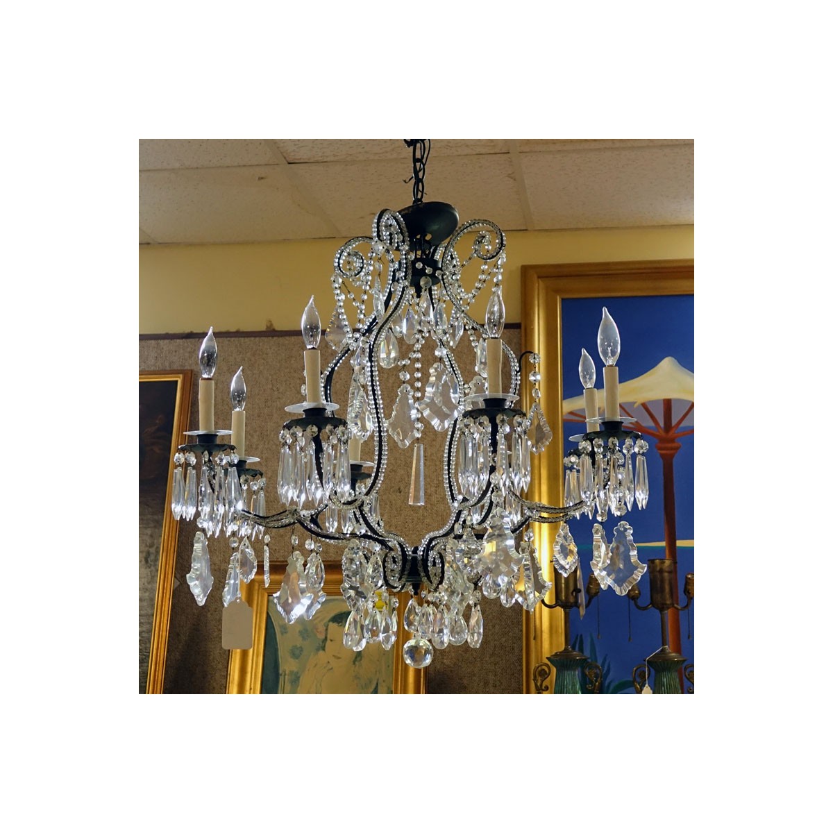 Antique Style Beaded Chandelier with Hanging Prisms. Rubbing to frame, a few missing crystals other