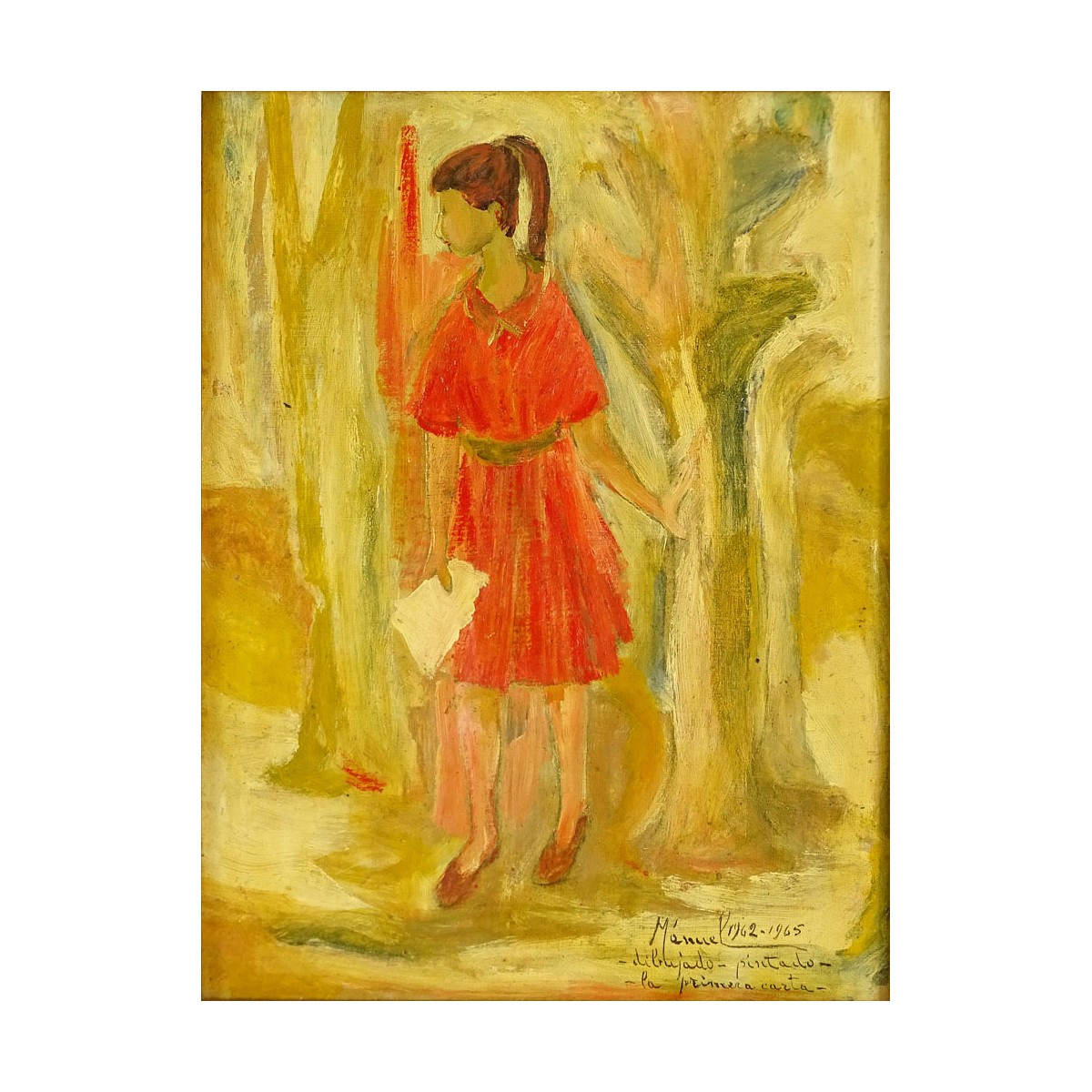 Manuel Bordogna, Venezuelan (20th C) Oil on board "Girl in Woods" Signed and titled lower right. Go