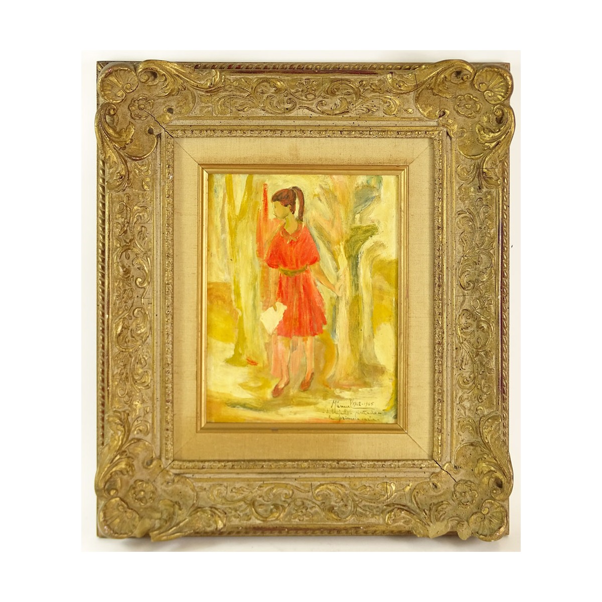 Manuel Bordogna, Venezuelan (20th C) Oil on board "Girl in Woods" Signed and titled lower right. Go