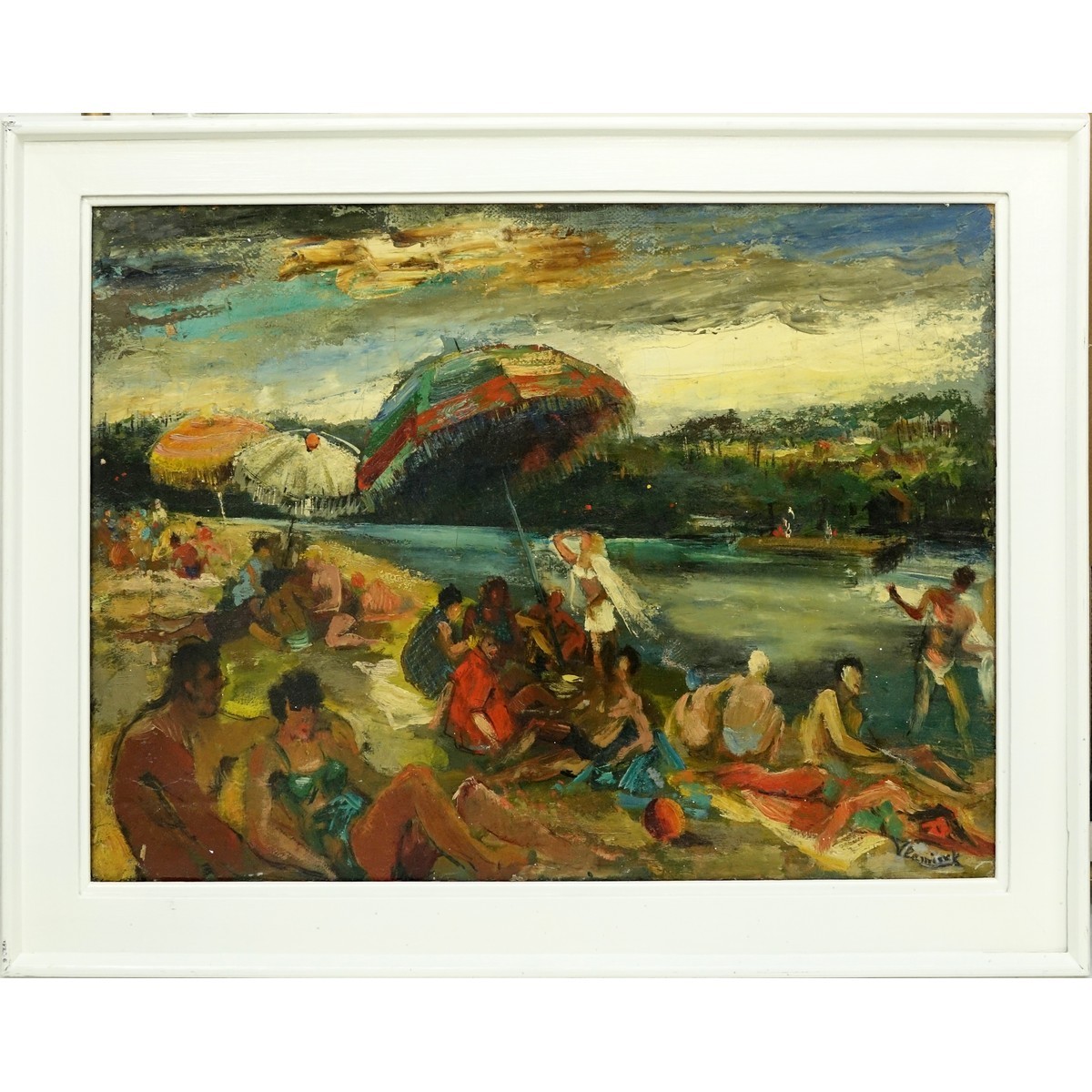 20th Century Oil on Canvas "Beachgoers" Bears signature lower right Vlaminck. Small losses, craquel