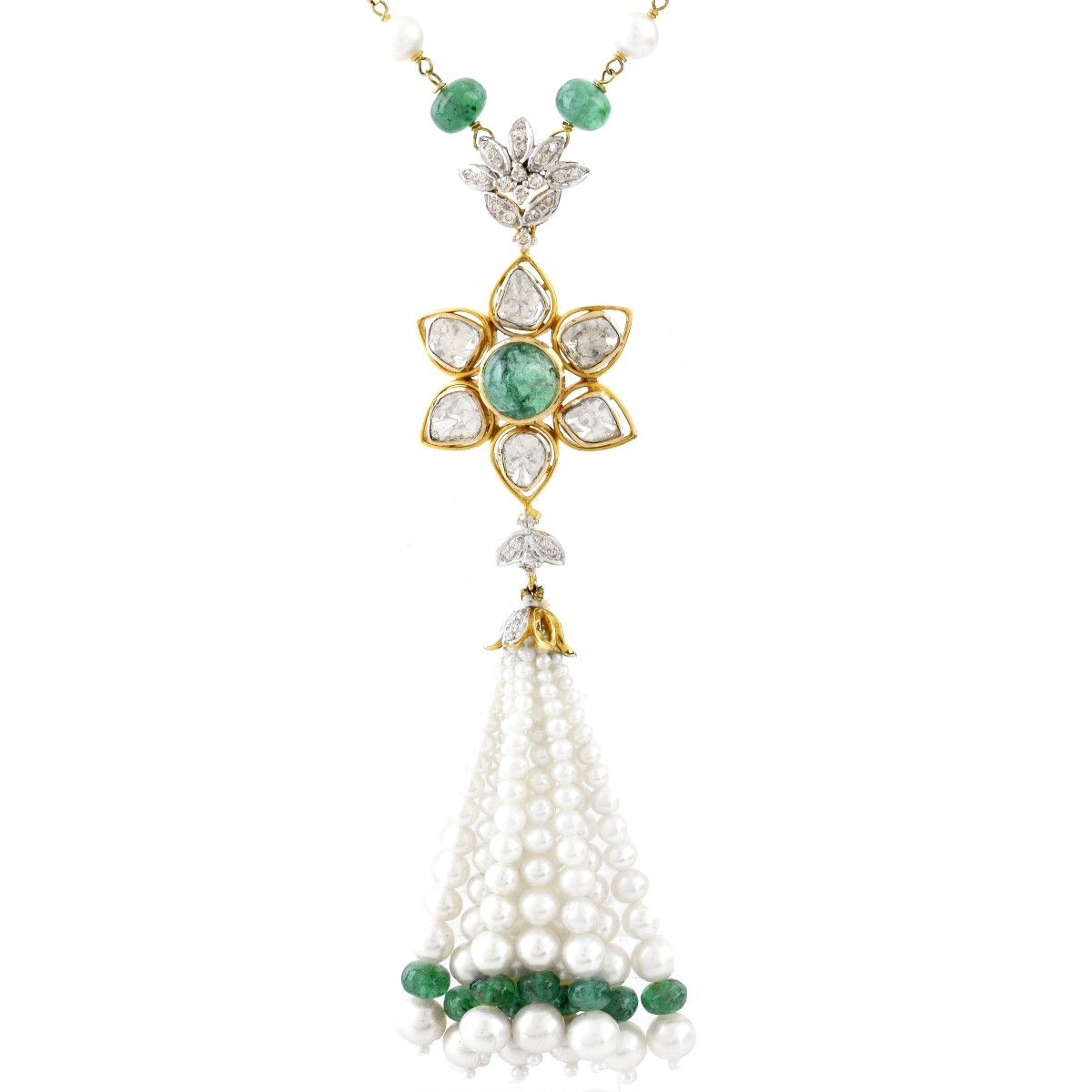 Diamond, Emerald, Pearl and 14K Necklace