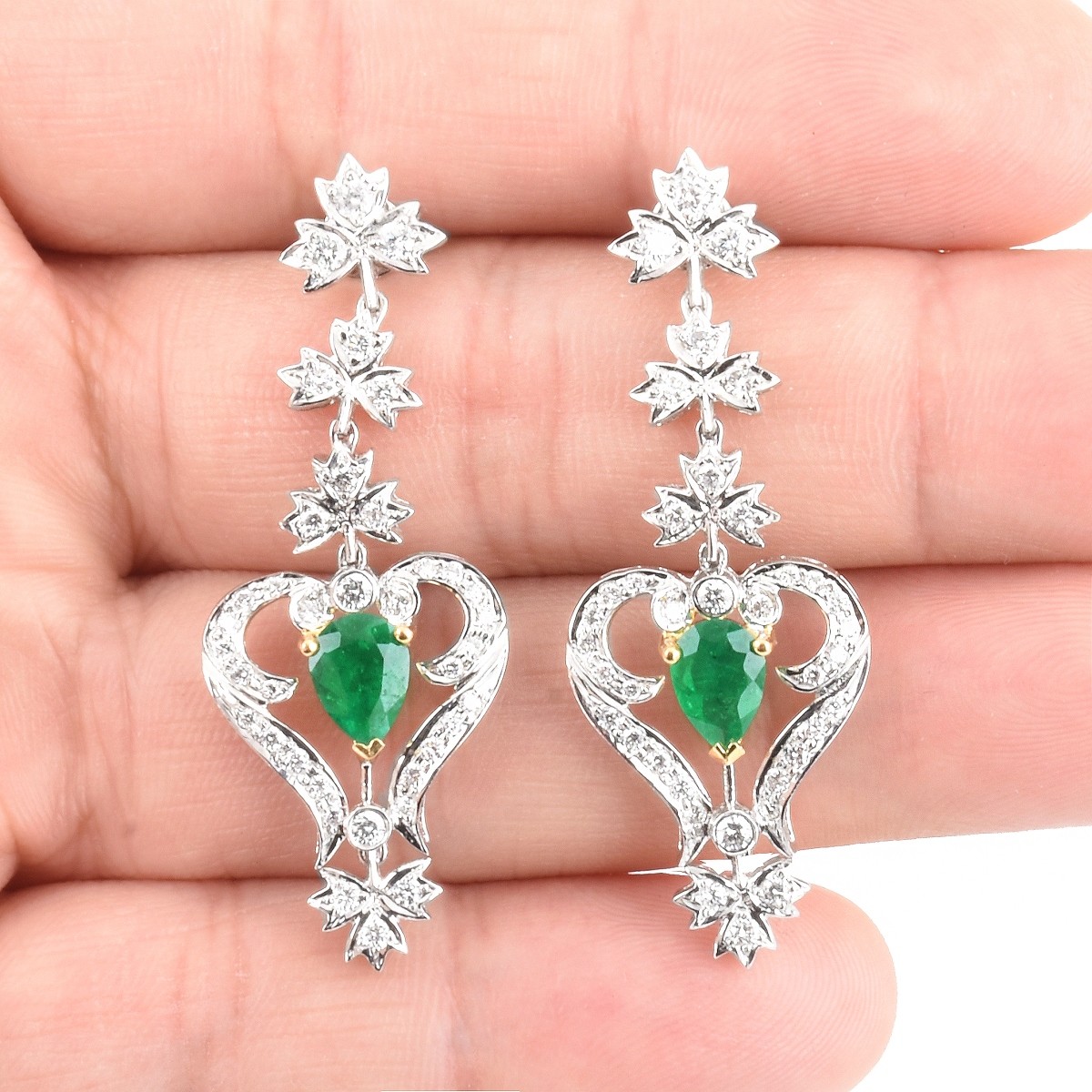 Diamond, Emerald and 18K Gold Earrings.