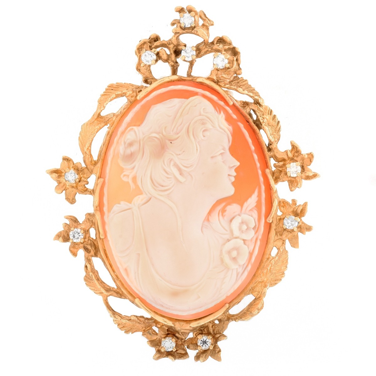 Diamond, Carved Shell and 14K Cameo Brooch