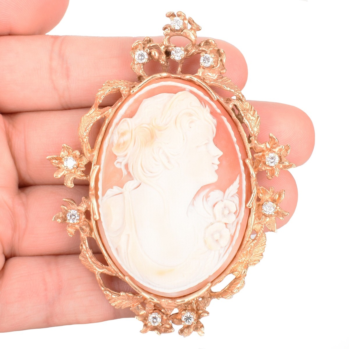 Diamond, Carved Shell and 14K Cameo Brooch