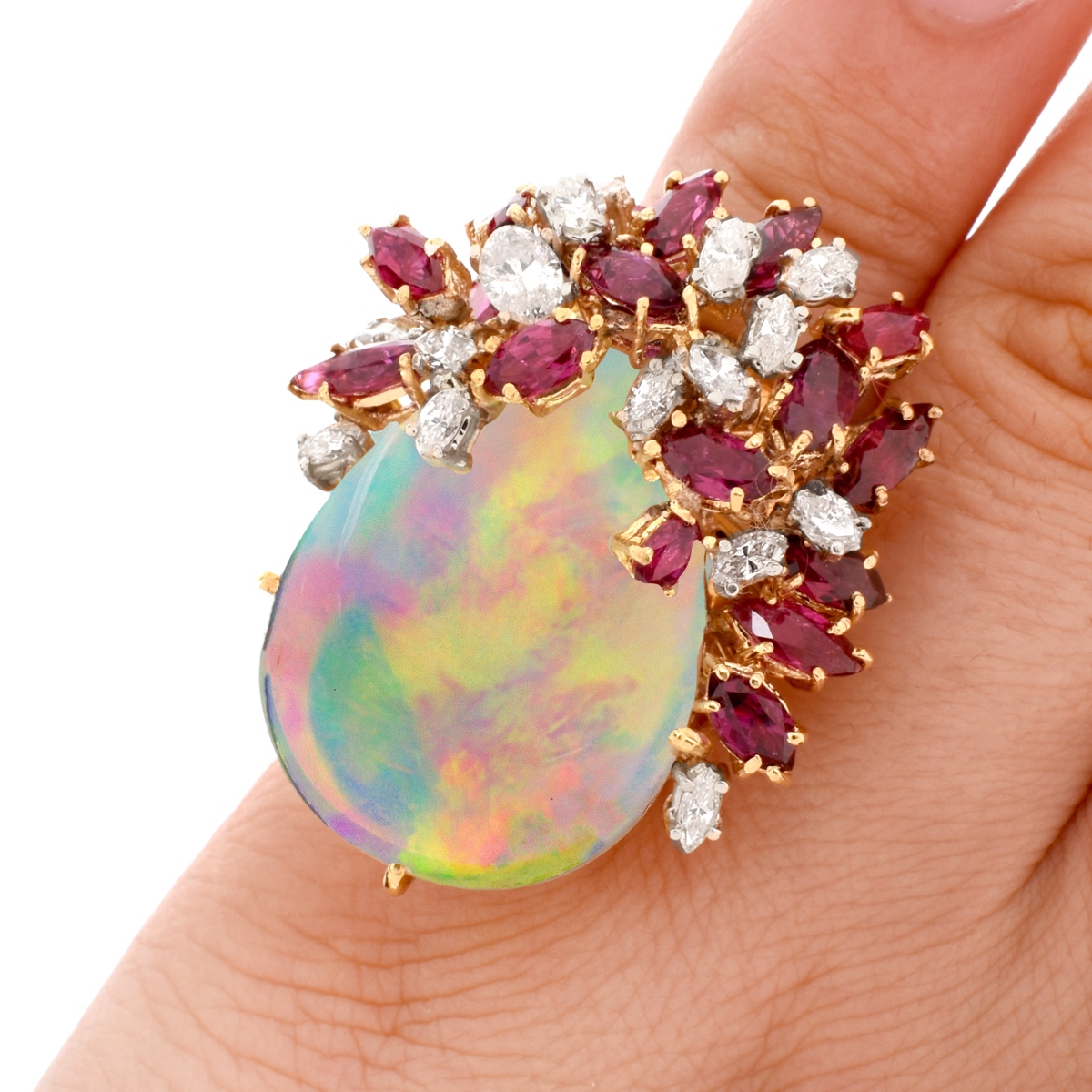 Vintage Opal, Ruby, Diamond and 18K Ring