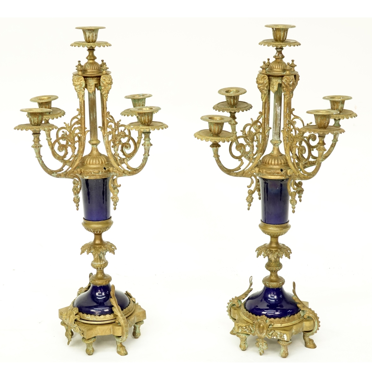 Pair Bronze & Cobalt Glass Candelabra