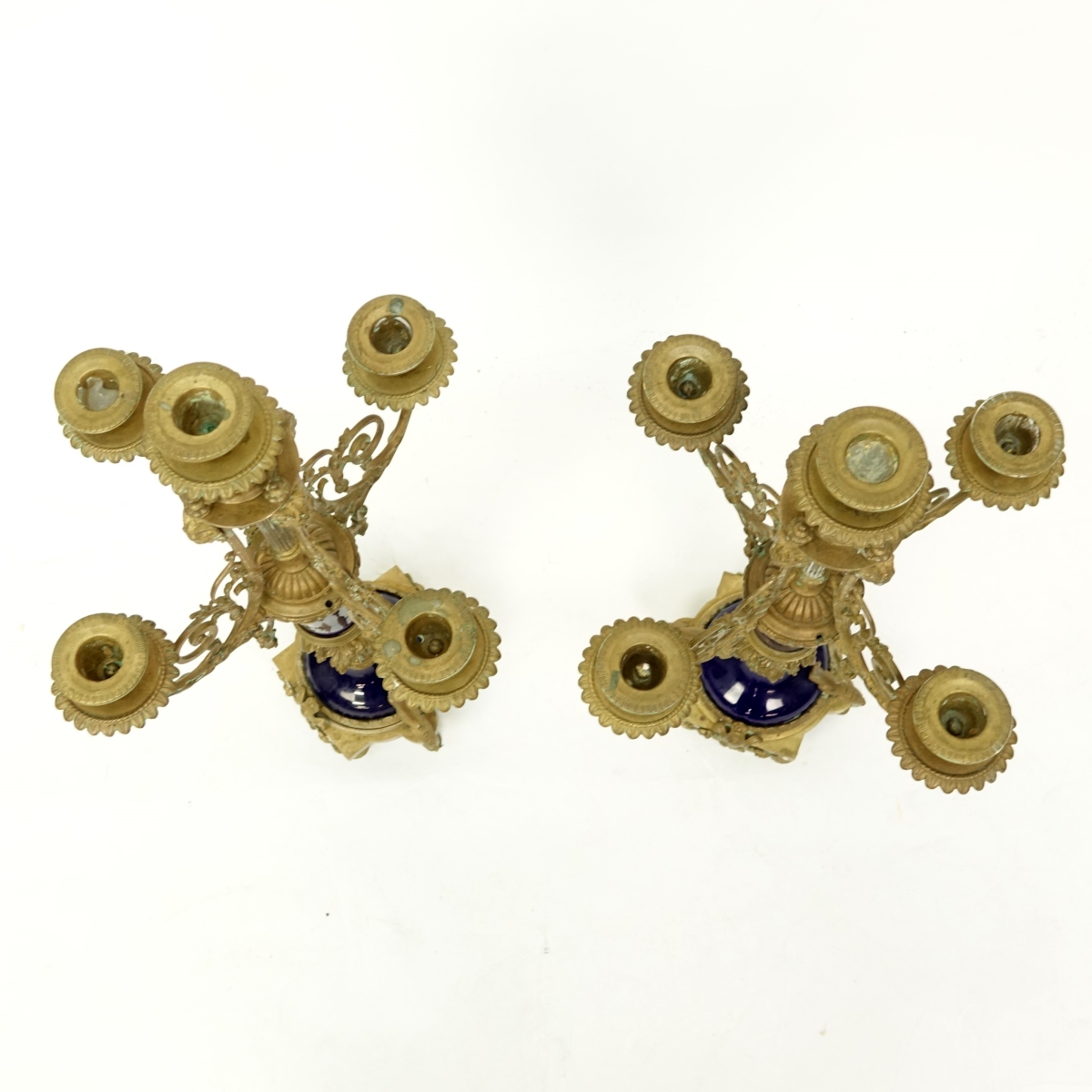 Pair Bronze & Cobalt Glass Candelabra