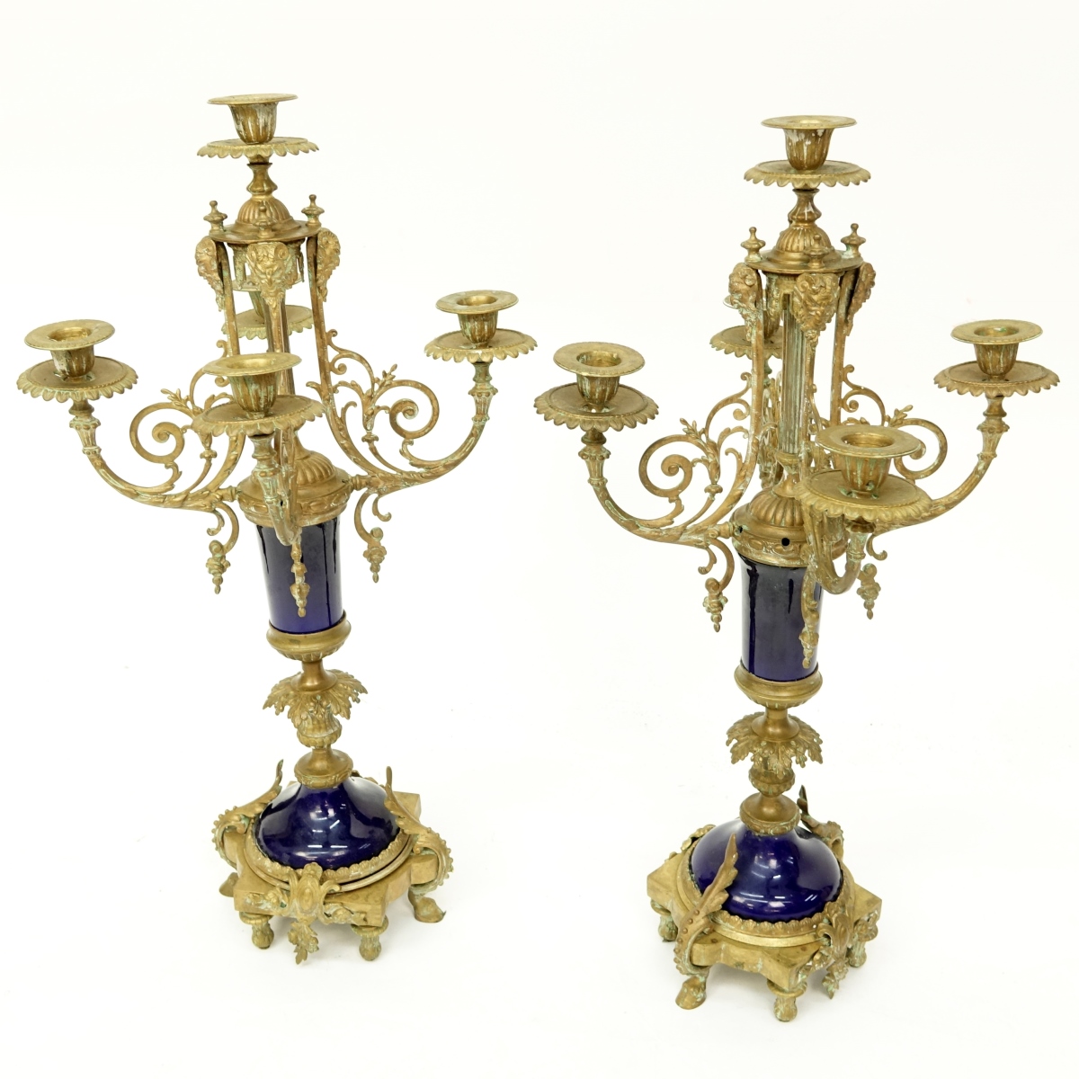 Pair Bronze & Cobalt Glass Candelabra