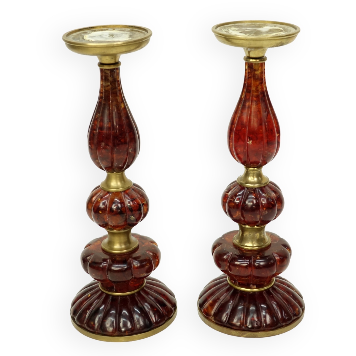 Pair Amber & Brass Candlesticks