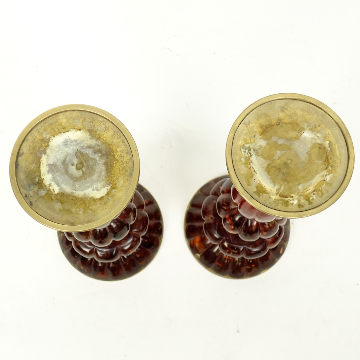 Pair Amber & Brass Candlesticks