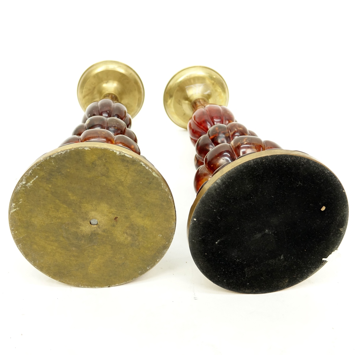 Pair Amber & Brass Candlesticks