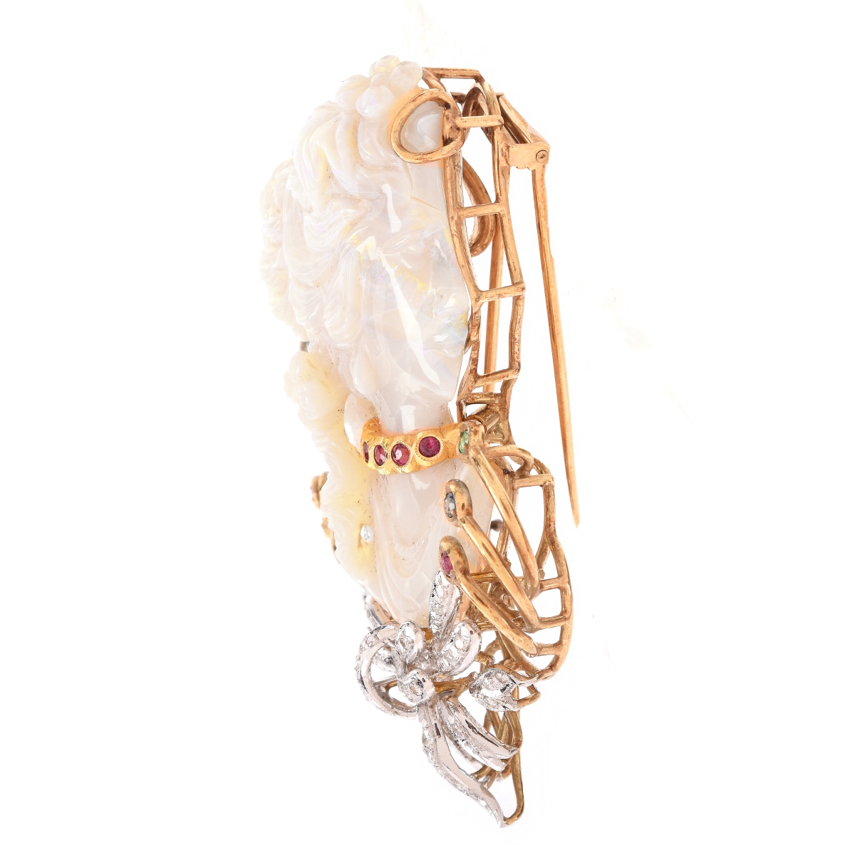 Antique Carved Opal and 14K Brooch