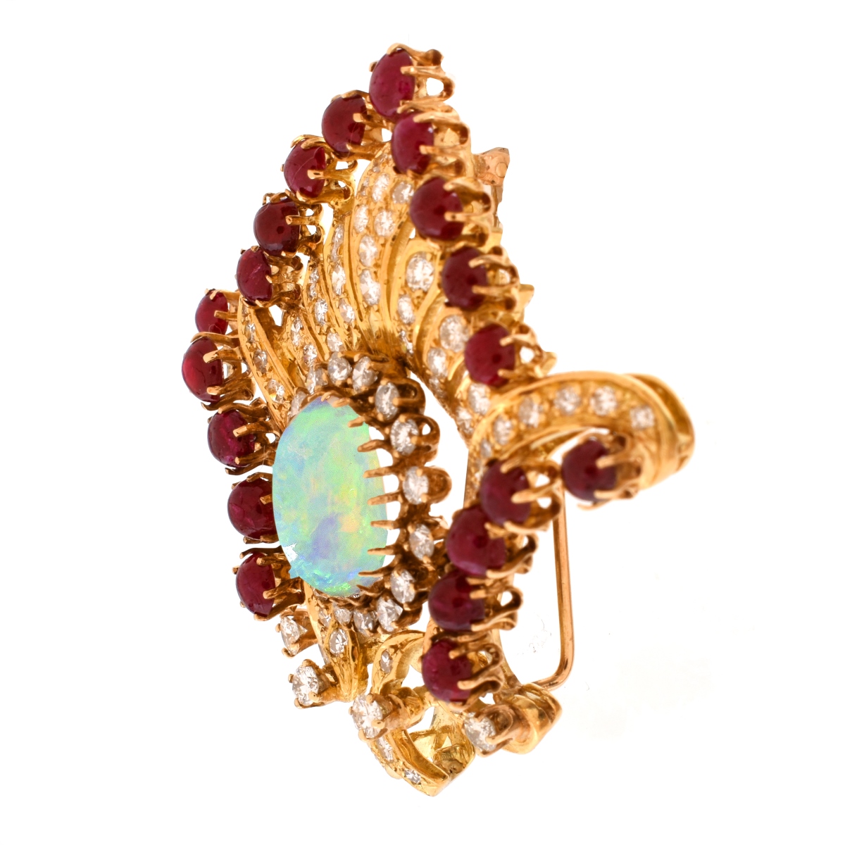 Opal, Diamond, Ruby and 14K Brooch