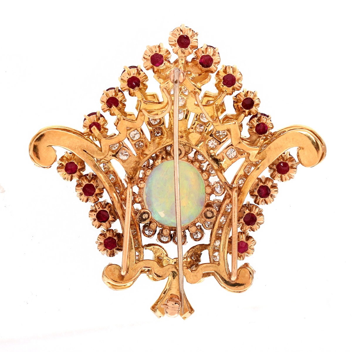 Opal, Diamond, Ruby and 14K Brooch