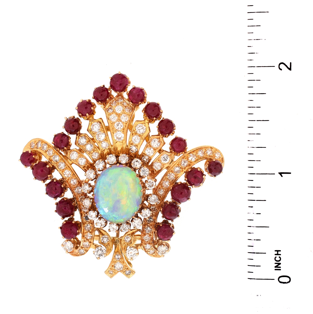 Opal, Diamond, Ruby and 14K Brooch