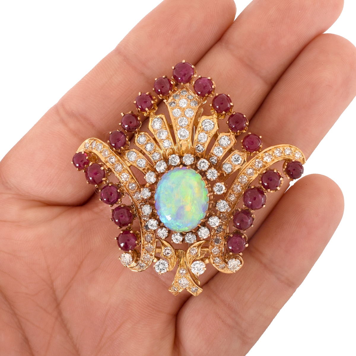 Opal, Diamond, Ruby and 14K Brooch