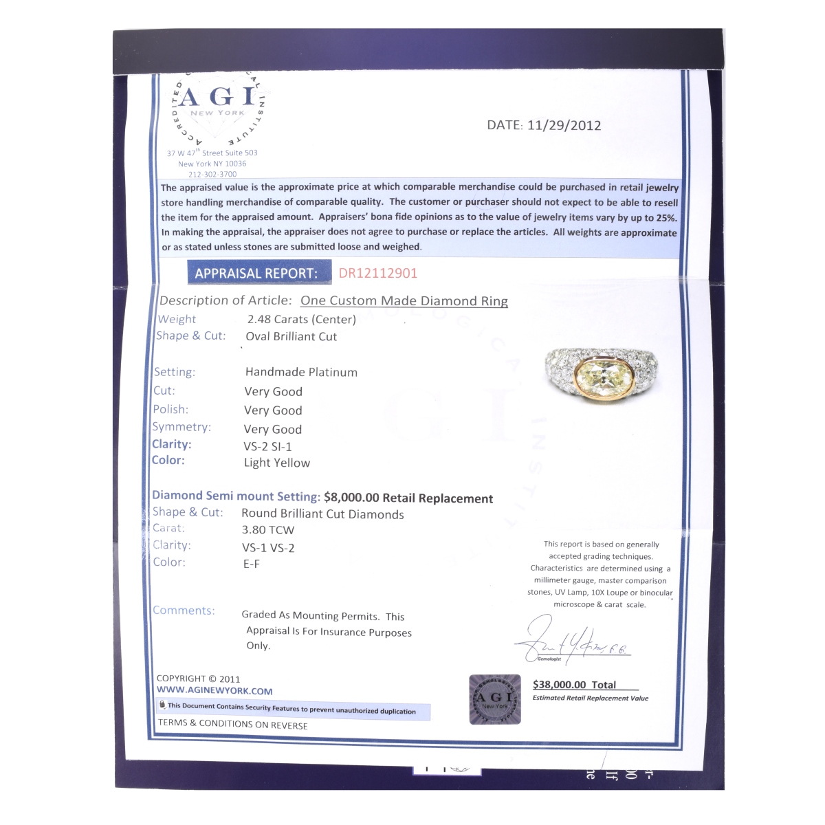 AGI 6.28ct TW Diamond and Platinum Ring