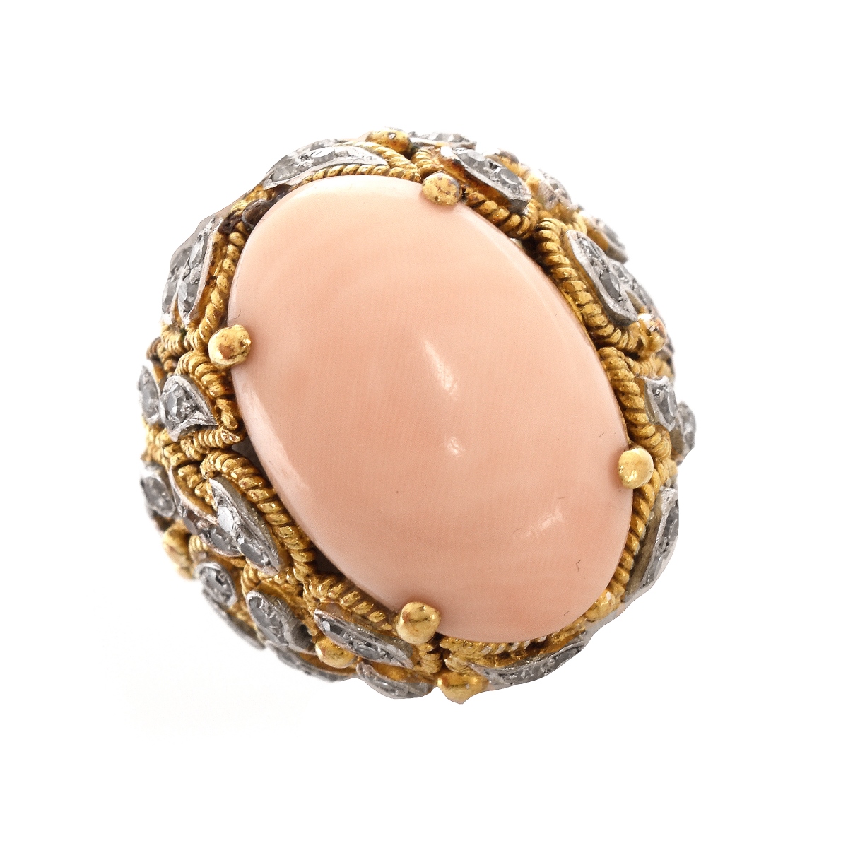 Vintage Coral, Diamond and 18K Ring