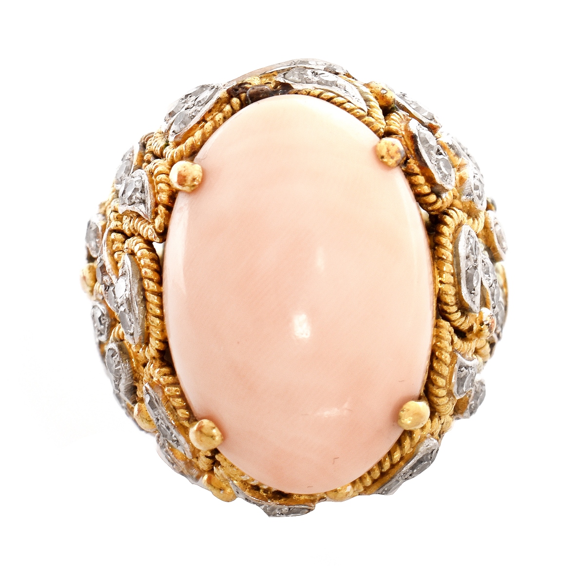 Vintage Coral, Diamond and 18K Ring