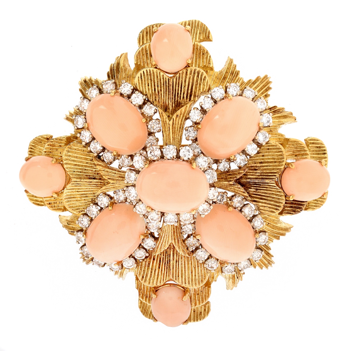 Vintage Coral, Diamond and 18K Gold Brooch