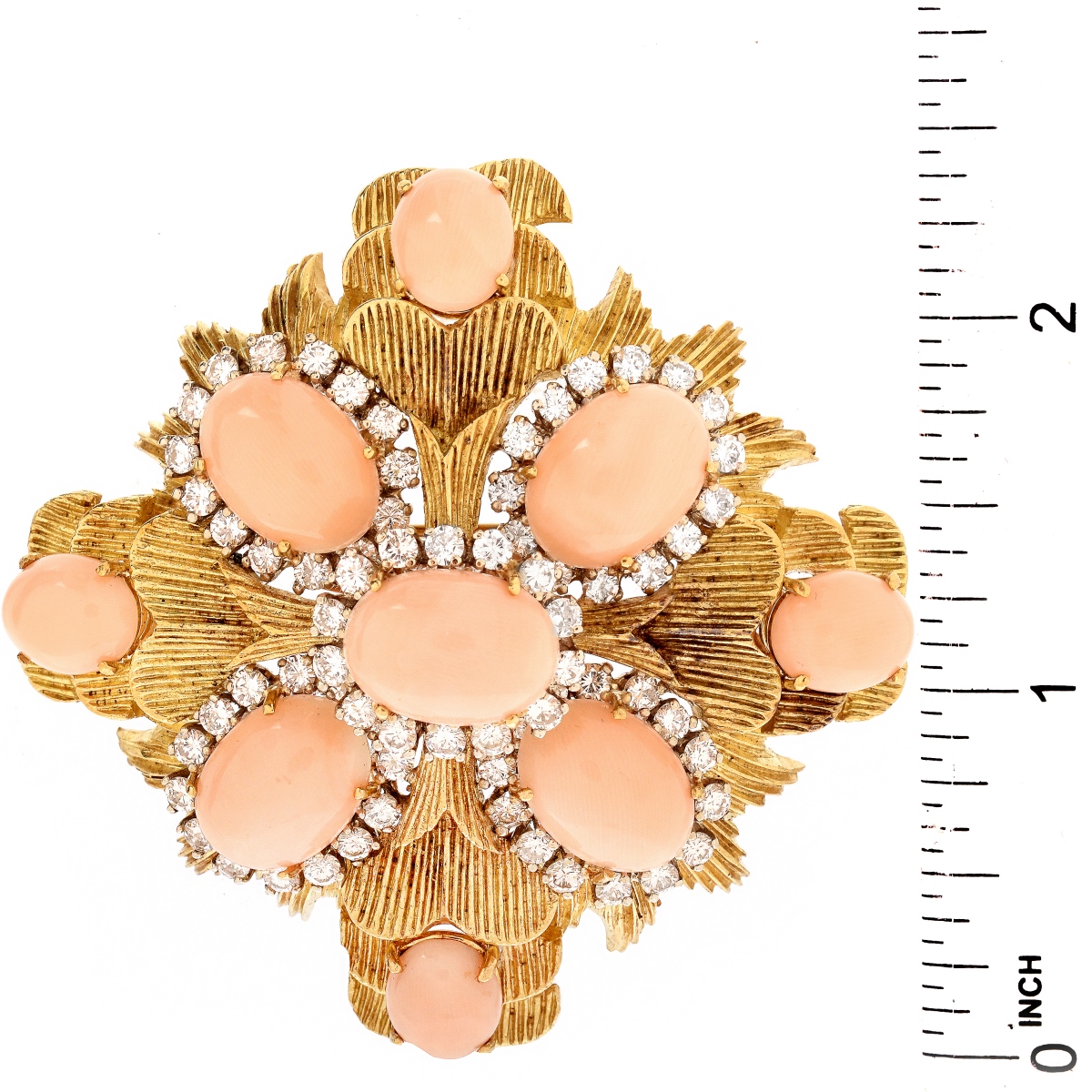 Vintage Coral, Diamond and 18K Gold Brooch