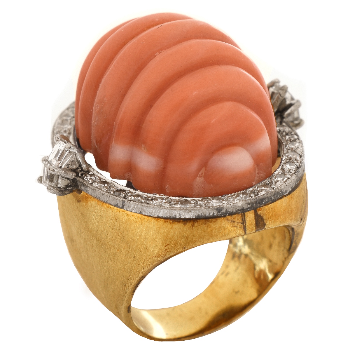 Vintage Coral, Diamond and 14K Ring