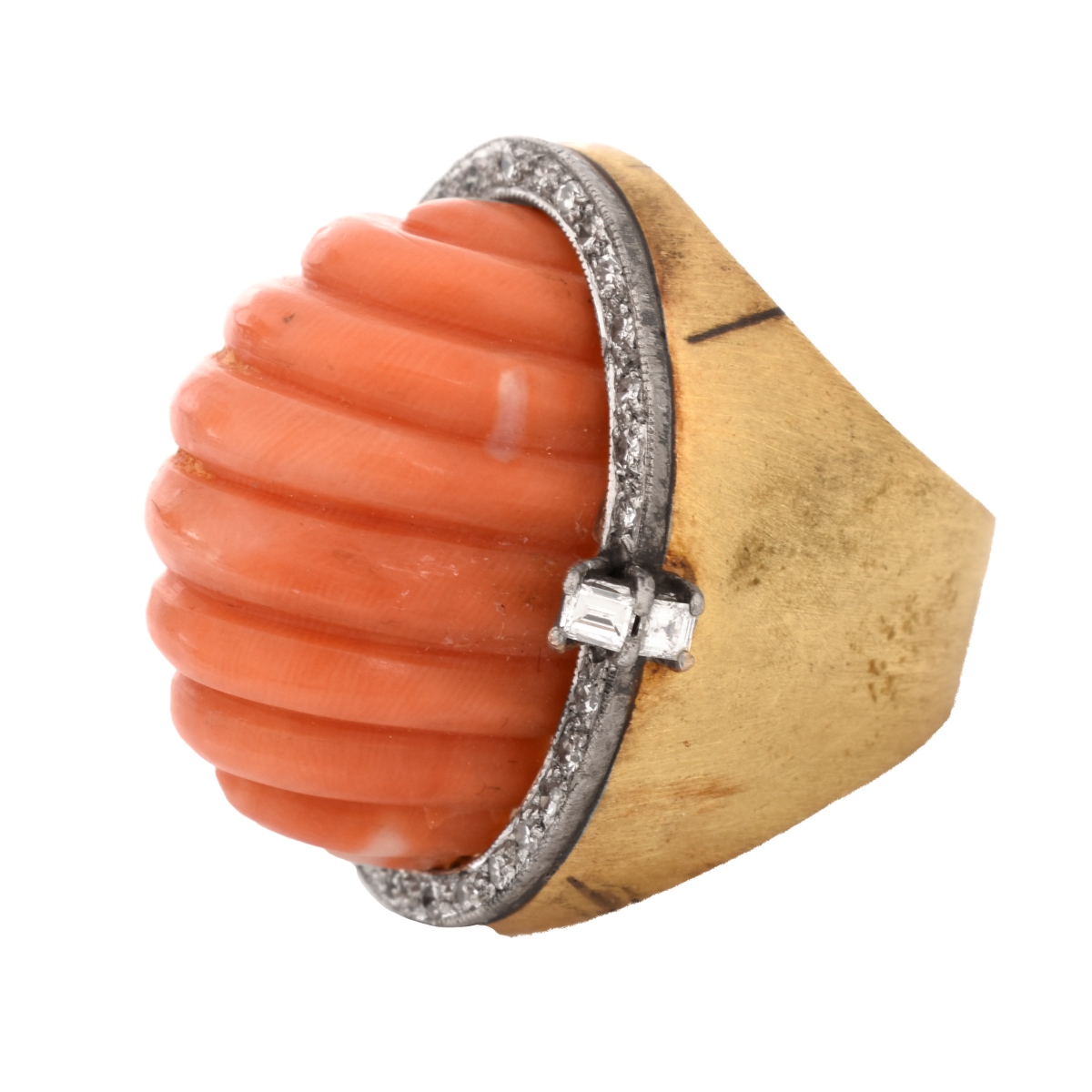 Vintage Coral, Diamond and 14K Ring