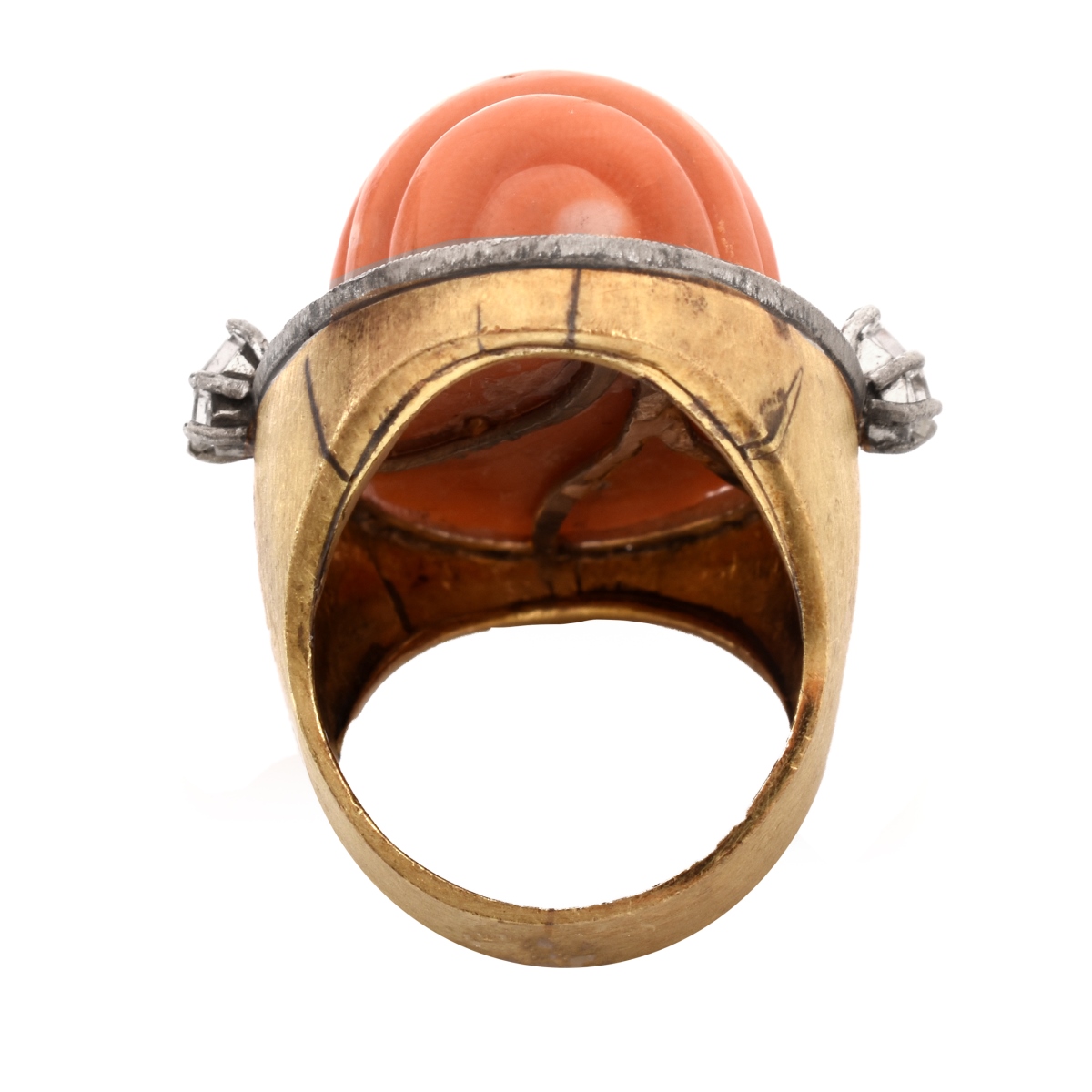 Vintage Coral, Diamond and 14K Ring