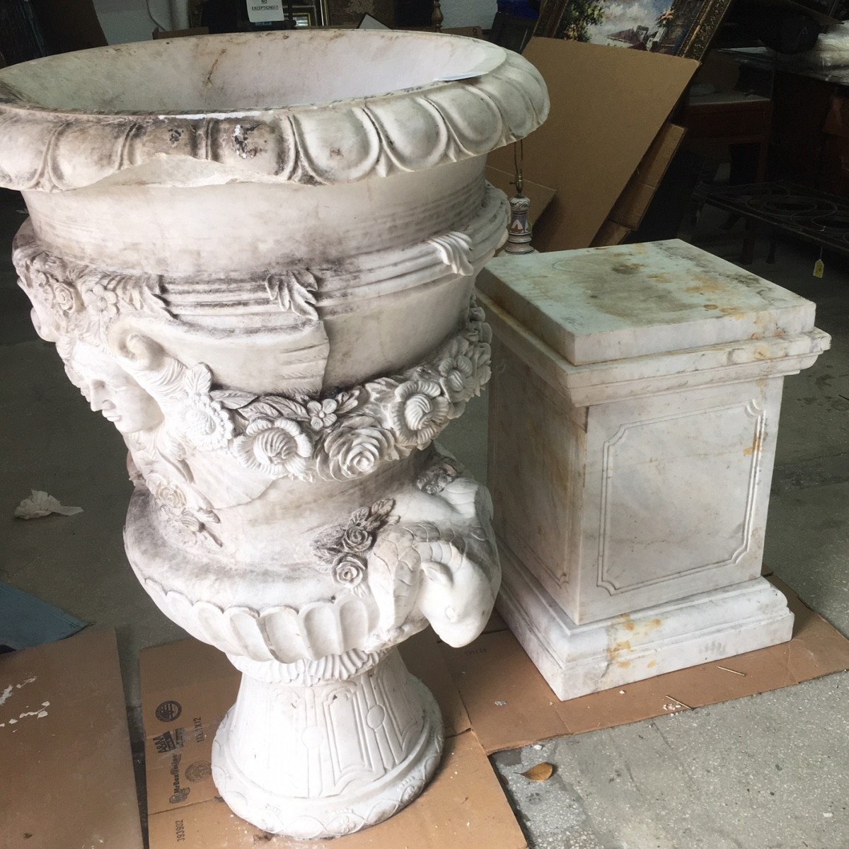 Italian Carved Marble Urn on Pedestal