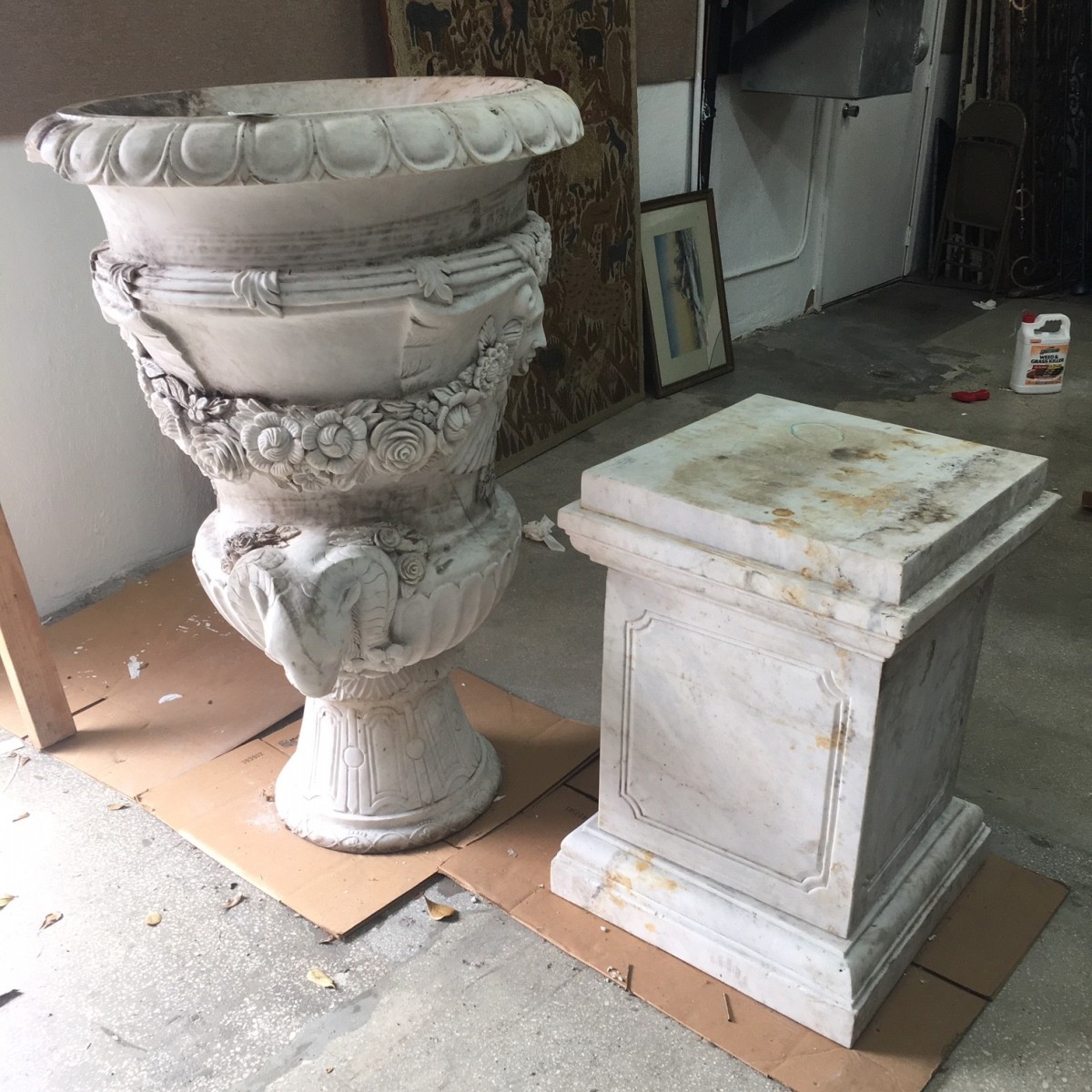 Italian Carved Marble Urn on Pedestal