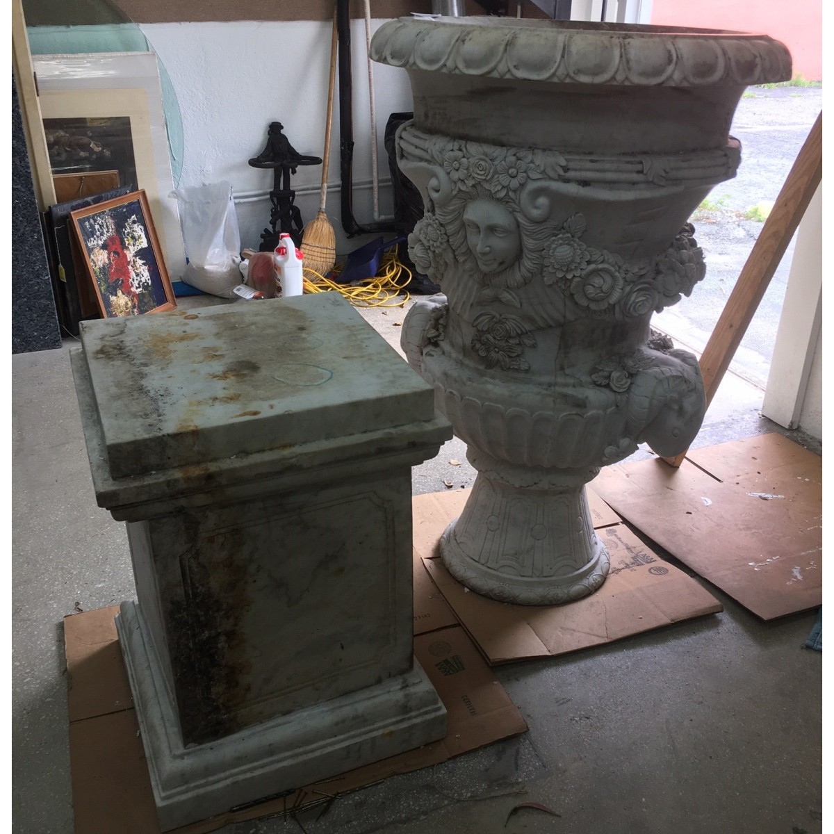 Italian Carved Marble Urn on Pedestal