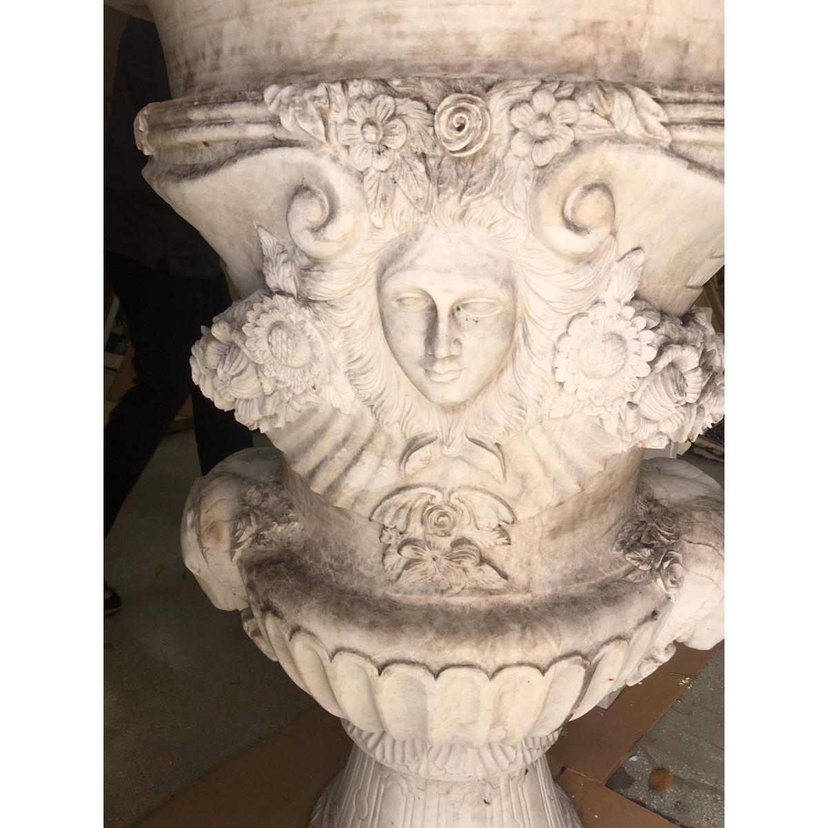 Italian Carved Marble Urn on Pedestal