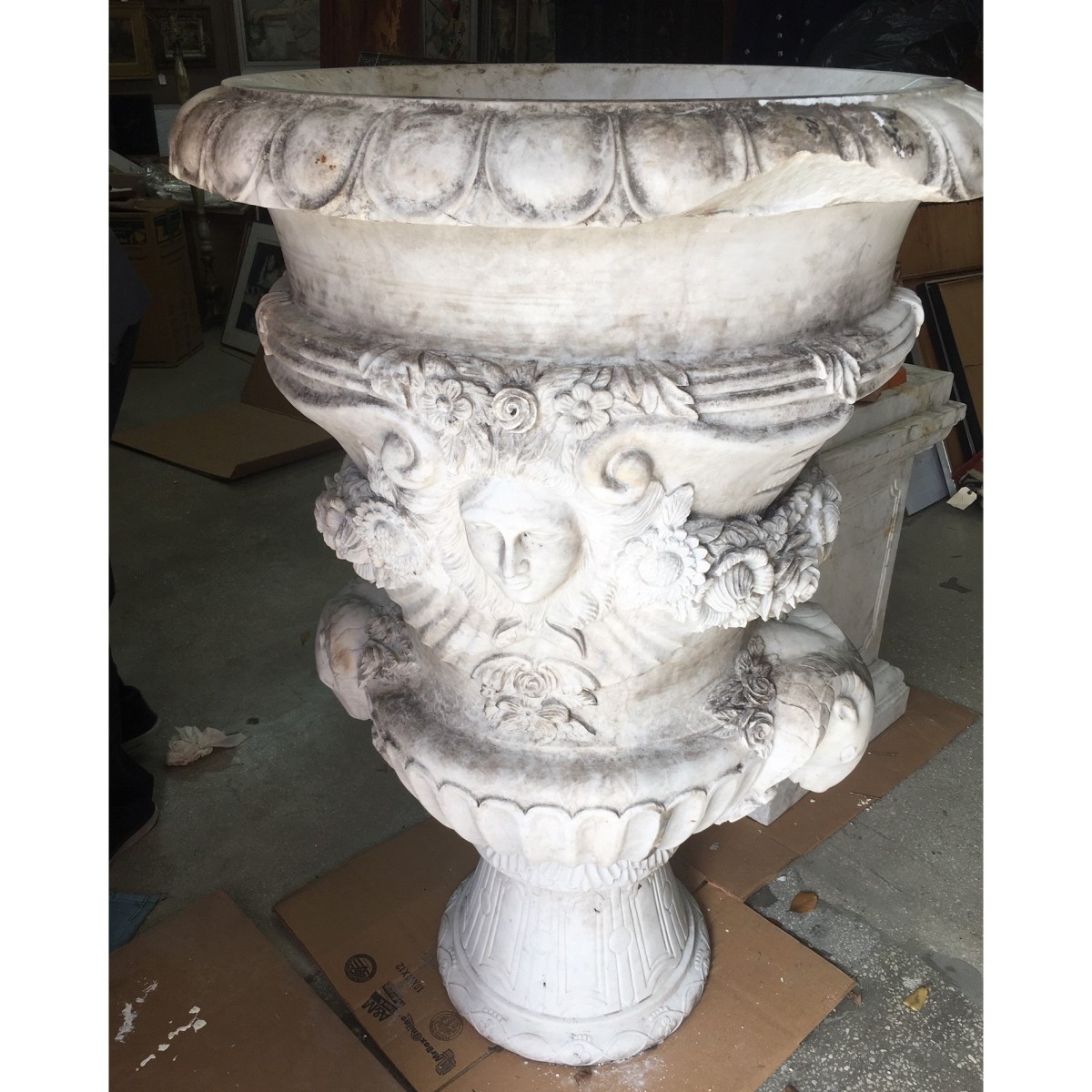Italian Carved Marble Urn on Pedestal