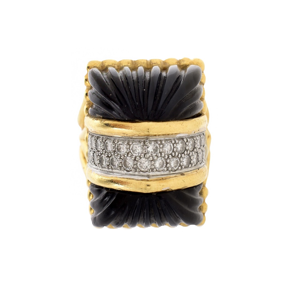 1970s R. Stone Diamond, Onyx and 18K Ring