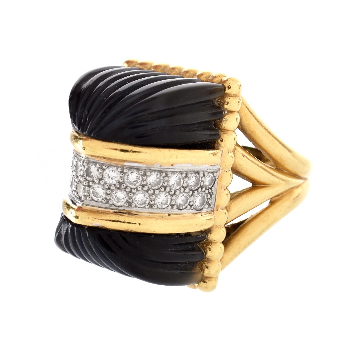 1970s R. Stone Diamond, Onyx and 18K Ring