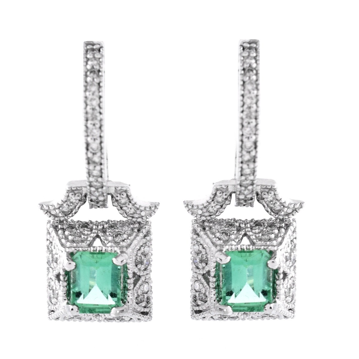 Emerald, Diamond and 14K Earrings