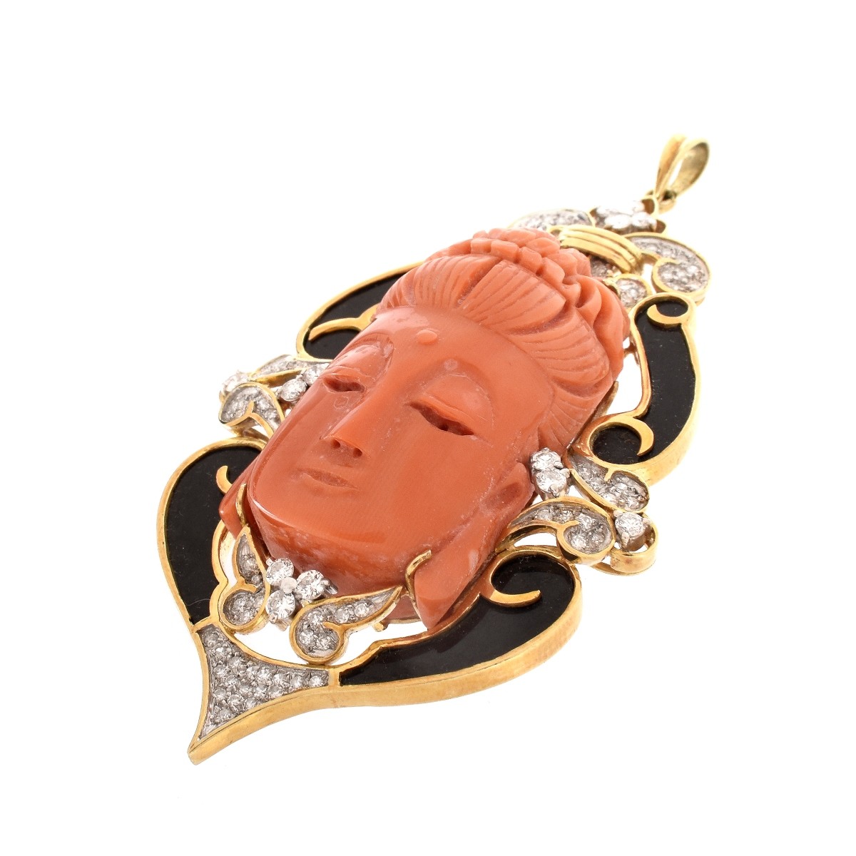 Vintage Coral, Onyx, Diamond and 14K Pendant