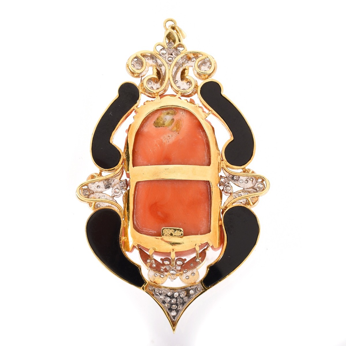 Vintage Coral, Onyx, Diamond and 14K Pendant