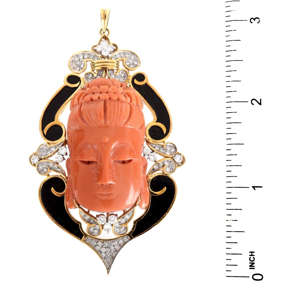 Vintage Coral, Onyx, Diamond and 14K Pendant