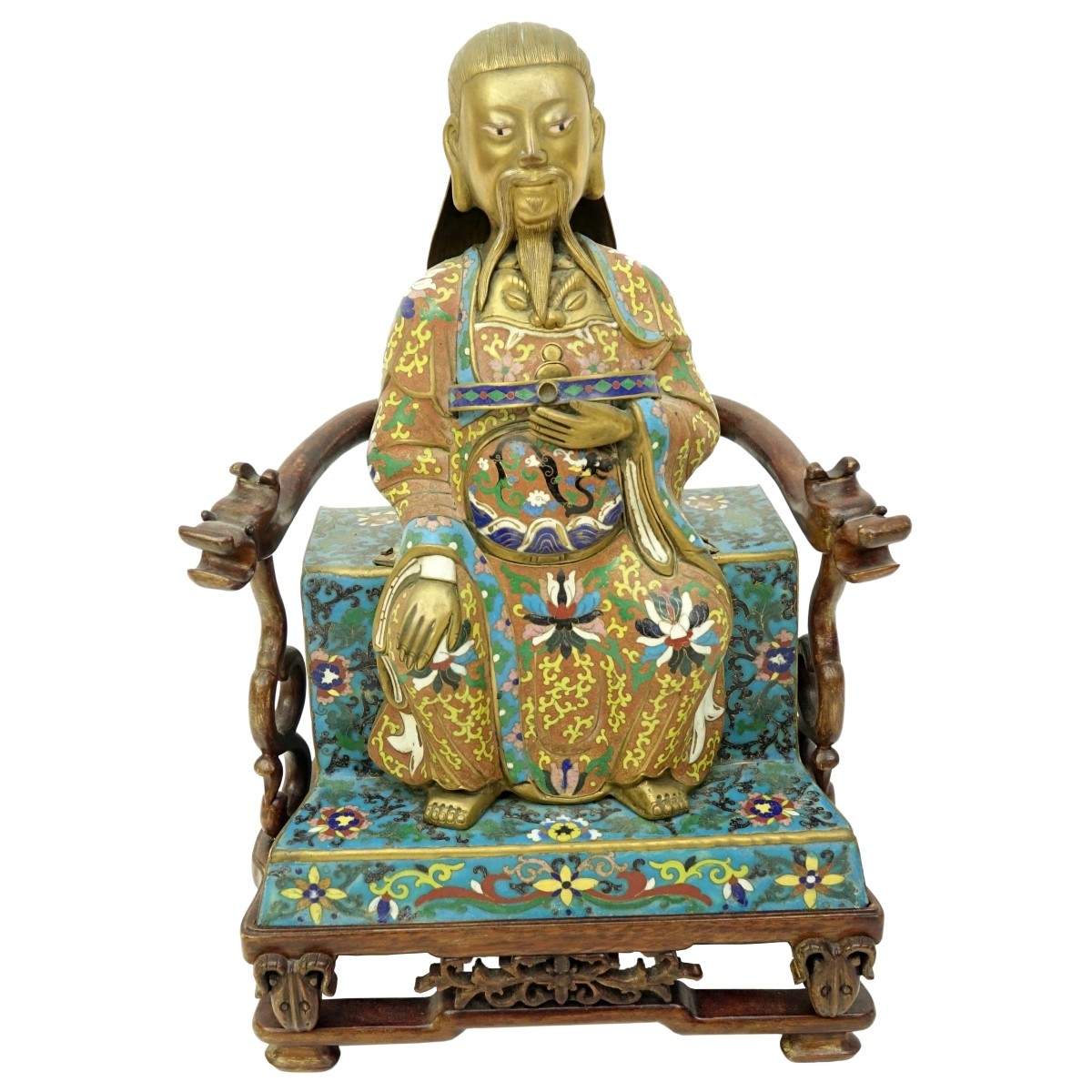 Chinese Cloisonne Emperor Figure On Wood Stand