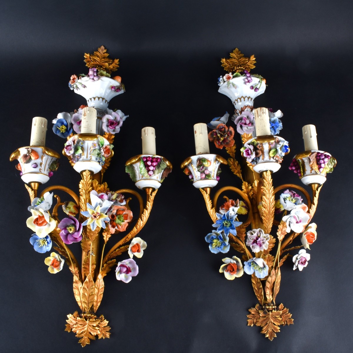 Pair Porcelain & Bronze Sconces